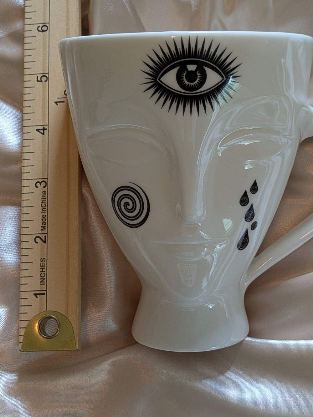 Jonathan Adler "Muse"  White Porcelain Face Mug with Black Eye and Spiral Motifs